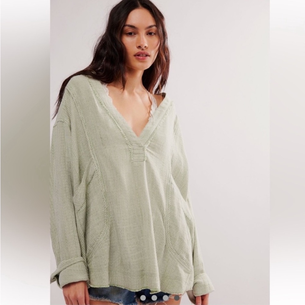 Free People We The Free By The Shore Top Olive Striped Oversized Soft Slouchy S